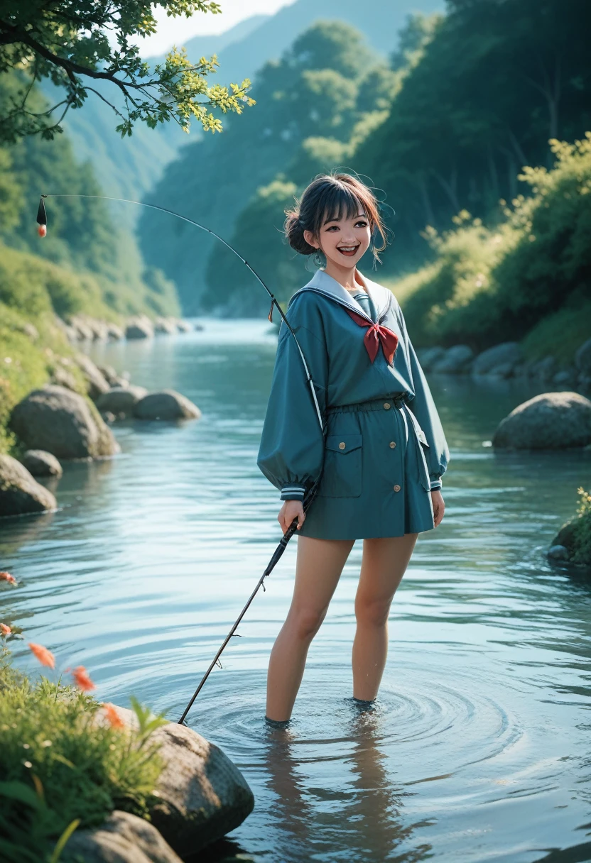Japanese high school girl catches huge fish with fishing rod in river、happy