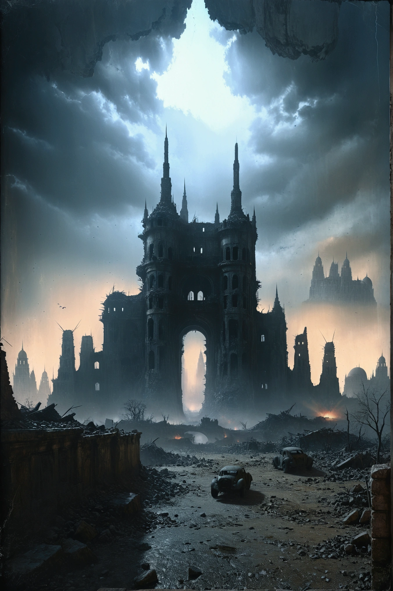 there is a picture of a very large building in the middle of a city, dramatic concept art, dark ruins landscape, high quality digital concept art, epic fantasy sci fi illustration, concept art wallpaper 4k, epic scifi fantasy art, matte scifi fantasy painting, futuristic ruins, sci fi epic digital art, mystical sci-fi concept art, sci fi digital painting