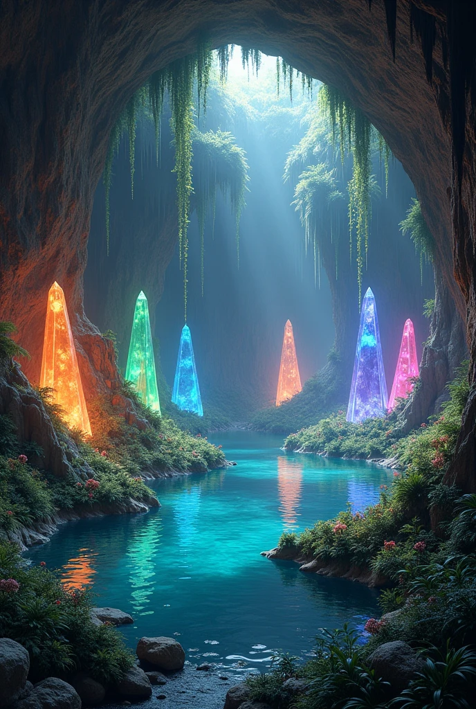 Une caverne souterraine immense avec les parois recouvertes de cristaux de toutes les couleurs, un étang reflète les lueurs des cristaux. Une vegetation luxuriante envahie la caverne 
