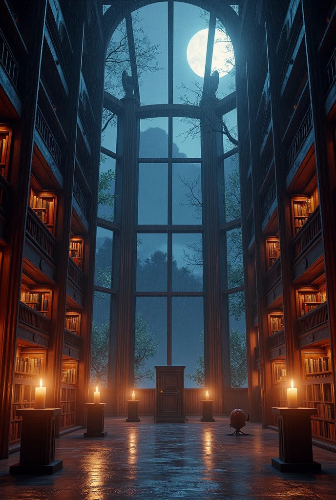 (photorealism:1.2), The space was lined with tall, elegant bookshelves, their wooden surfaces glowing softly in the candlelight. The dim illumination created an intimate, almost magical atmosphere, casting flickering shadows that danced along the walls.
Above us, the ceiling was made entirely of glass, revealing a breathtaking view of the night sky. Rain softly pattered against the glass, and through the droplets, the moon shone down, casting a silvery light that made the room feel even more enchanting. The gentle glow from the moon combined with the warm candlelight gave the space an almost ethereal quality