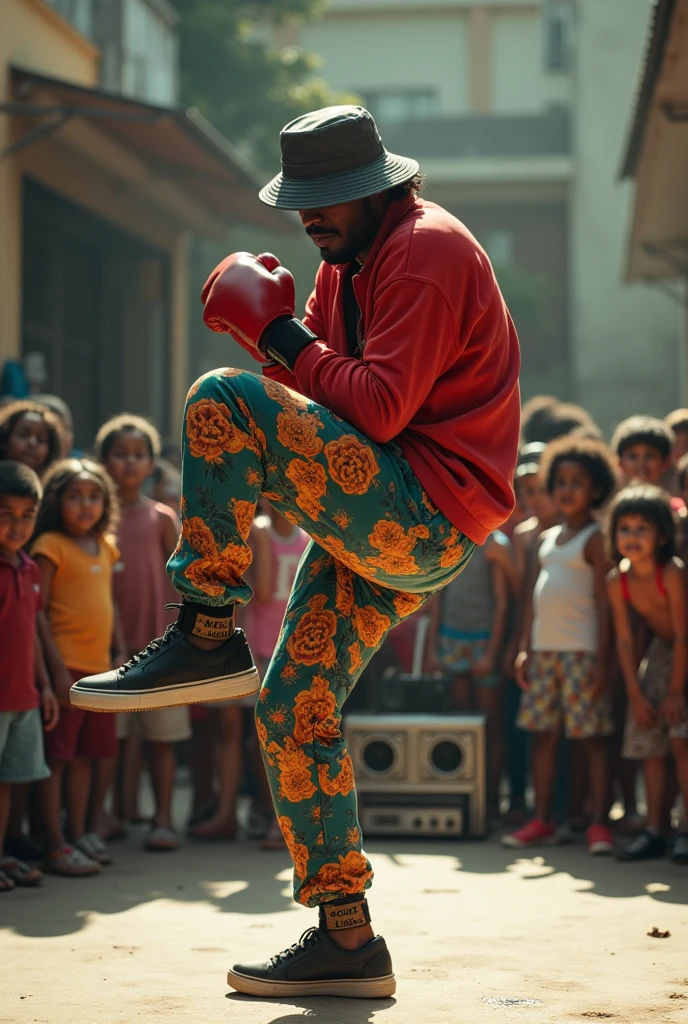 hyper-realistic photo of a Boxer wearing Life DJs clothing and a bucket hat breakdancing in front of a crowd of kids in a circle with a stereo in the corner