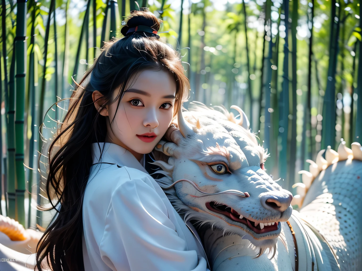 DragonCute, ultra-detailed, Raw photo、(Realistic)、(masterpiece)、(Highest quality)、(High resolution:1.37)、(8k)、Ultra HD、(Skin with attention to detail:1.2)、(Perfect Anatomy:1.4)、(Beautiful Eyes)、Beautiful and well-proportioned face、A confident smile、View your viewers、Black Hair、View from below、One beautiful girl、(Beautiful bamboo forest)、(Embracing the White Dragon's Neck)、Correct fingers、(Super hourglass body type:1.3)、(Super big breasts pointing upwards:1.3)、Narrow waist、Wide super big ass、Black Hair、Costume、(Increased transparency of clothing:1.3)、(Super see-through)、