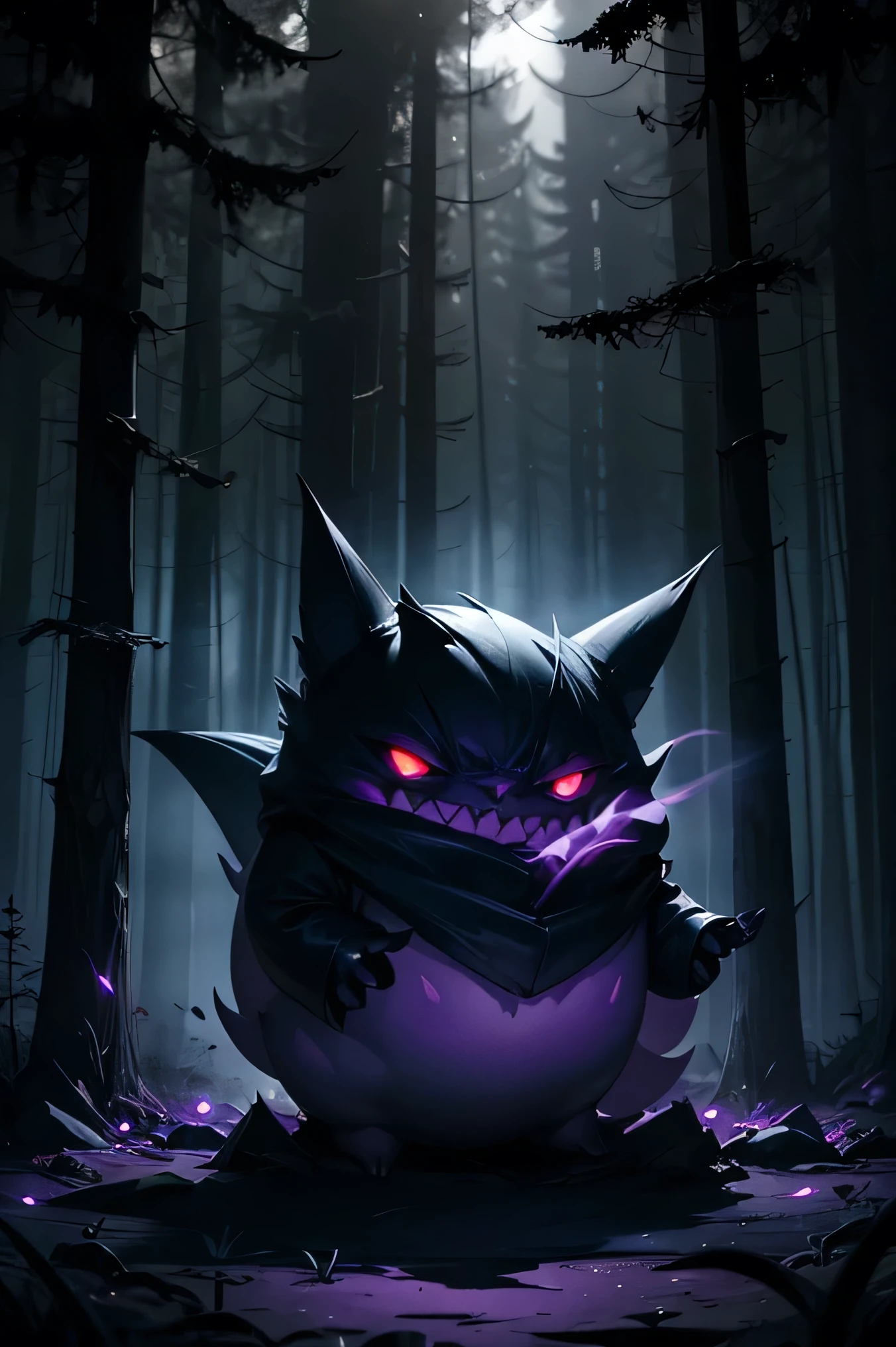 "A mischievous Gengar floating in a dark, eerie forest at night. Its purple, ghostly body has a playful, toothy grin, and its red eyes gleam with a hint of mischief. Gengar's shadowy form is semi-transparent, blending into the surrounding darkness. The background is filled with mist, gnarled trees, and dimly glowing mushrooms, creating an atmosphere of spooky fun. A faint, eerie glow surrounds Gengar, highlighting its ghostly nature."
