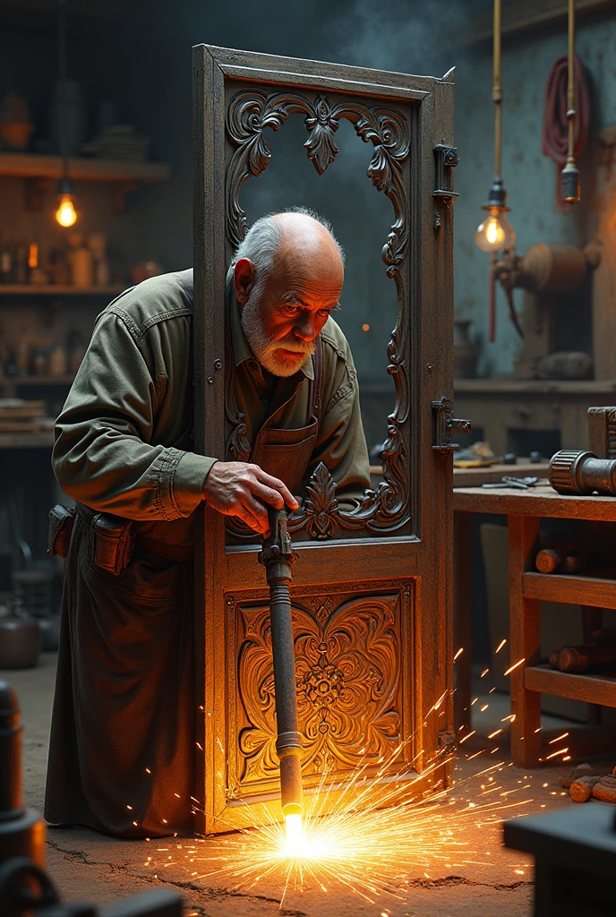 a homer welding a metalon gate in his workshop
