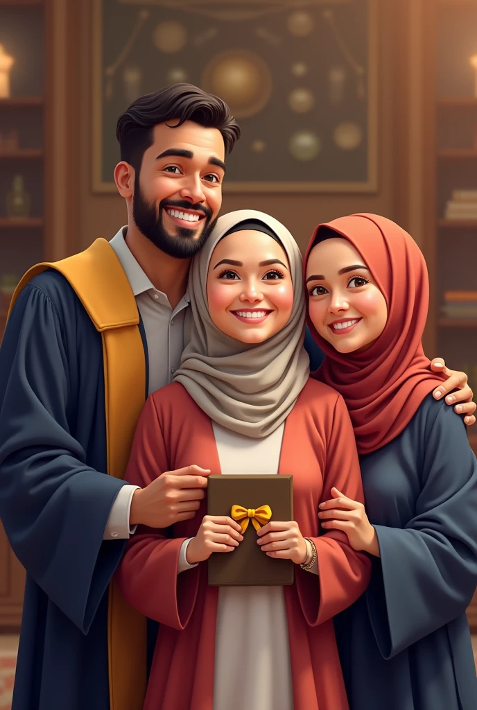 happy family with father and daughter wearing hijab graduating and with her mother wearing hijab