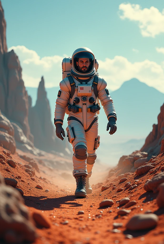 Please help me create a photo of an astronaut exploring the planet,Be handsome