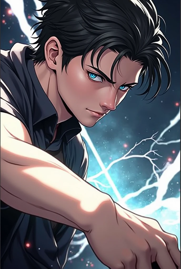 blue eyed boy, high, black hair, with dark clothes and lightning powers