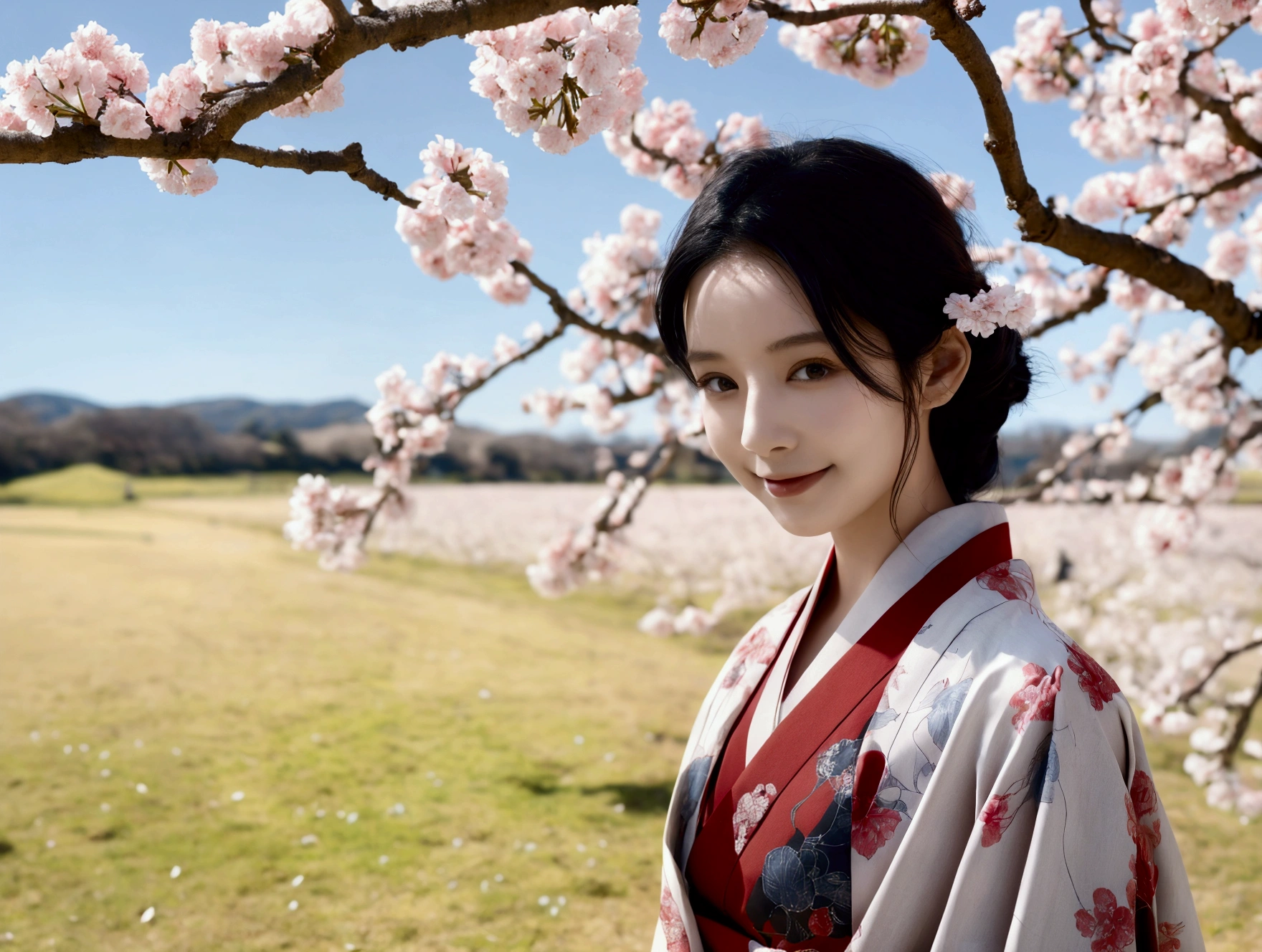 Pale red undertones,　Warm smile,　Highest quality,　8k,　Ultra-high resolution,　Spectacular landscapes,　In the grassland,　Realistic photo style,　Healthy body shape,　Sparkling Eyes, Flowing jet black hair,　A gorgeous kimono with a cherry blossom motif,　Calm expression,　Soft natural light,　Contemporary Japanese art style,　Pale colors,　Quiet atmosphere,　Detailed Features,　Graceful pose, Wide view, How to shoot like a drone, Wide view