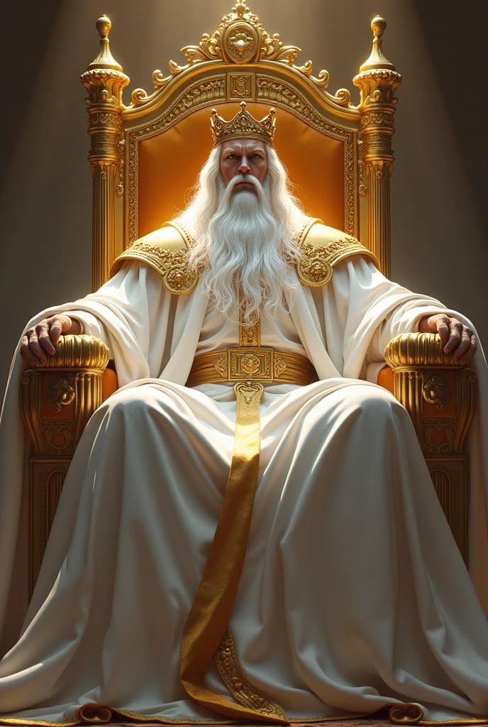 a great king sitting and leaning on a great and exalted throne all of gold. This king has a big white beard, very long white hair, white skin and a medium golden crown on his head. This being has white clothes, a golden belt and shoulder armor. this king is powerful and majestic.