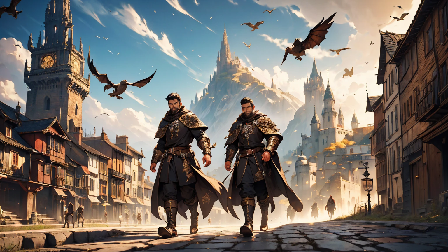 A handsome guy with short black hair wearing black adventure clothes with dragon horns on head, walking along a cobblestone road next to the city in a medieval fantasy theme. (best quality, 4k, highres, masterpiece:1.2), ultra-detailed, (realistic:1.37) Additional details: His black clothes are adorned with intricate embroidery and metal buckles. The road is filled with a multitude of people, with birds flying overhead. The city's walls and palace can be seen in the distance, against a backdrop of mountains. (medieval, fantasy-themed:1.2) Color palette: Deep and rich neutral tones, with accents of gold and brown. (rich, gold colors) Lighting: Moonlight streaming down, casting long shadows on the white marble road. (moonlight, scary, dramatic shadows)