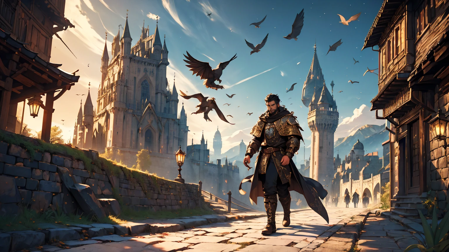 A handsome guy with short black hair wearing black adventure clothes with dragon horns on head, walking along a cobblestone road next to the city in a medieval fantasy theme. (best quality, 4k, highres, masterpiece:1.2), ultra-detailed, (realistic:1.37) Additional details: His black clothes are adorned with intricate embroidery and metal buckles. The road is filled with a multitude of people, with birds flying overhead. The city's walls and palace can be seen in the distance, against a backdrop of mountains. (medieval, fantasy-themed:1.2) Color palette: Deep and rich neutral tones, with accents of gold and brown. (rich, gold colors) Lighting: Moonlight streaming down, casting long shadows on the white marble road. (moonlight, scary, dramatic shadows)