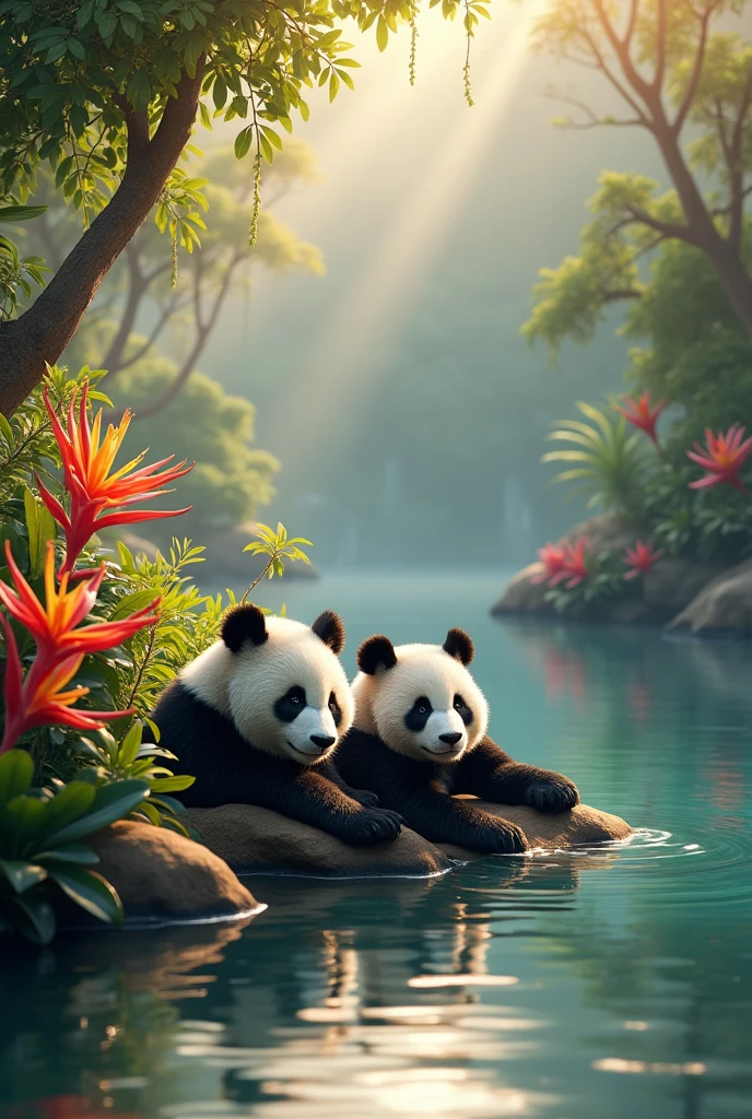 A pair of Panda Bears lying down accompanied by flowers and wild heliconias on the banks of a crystal-clear river at dawn