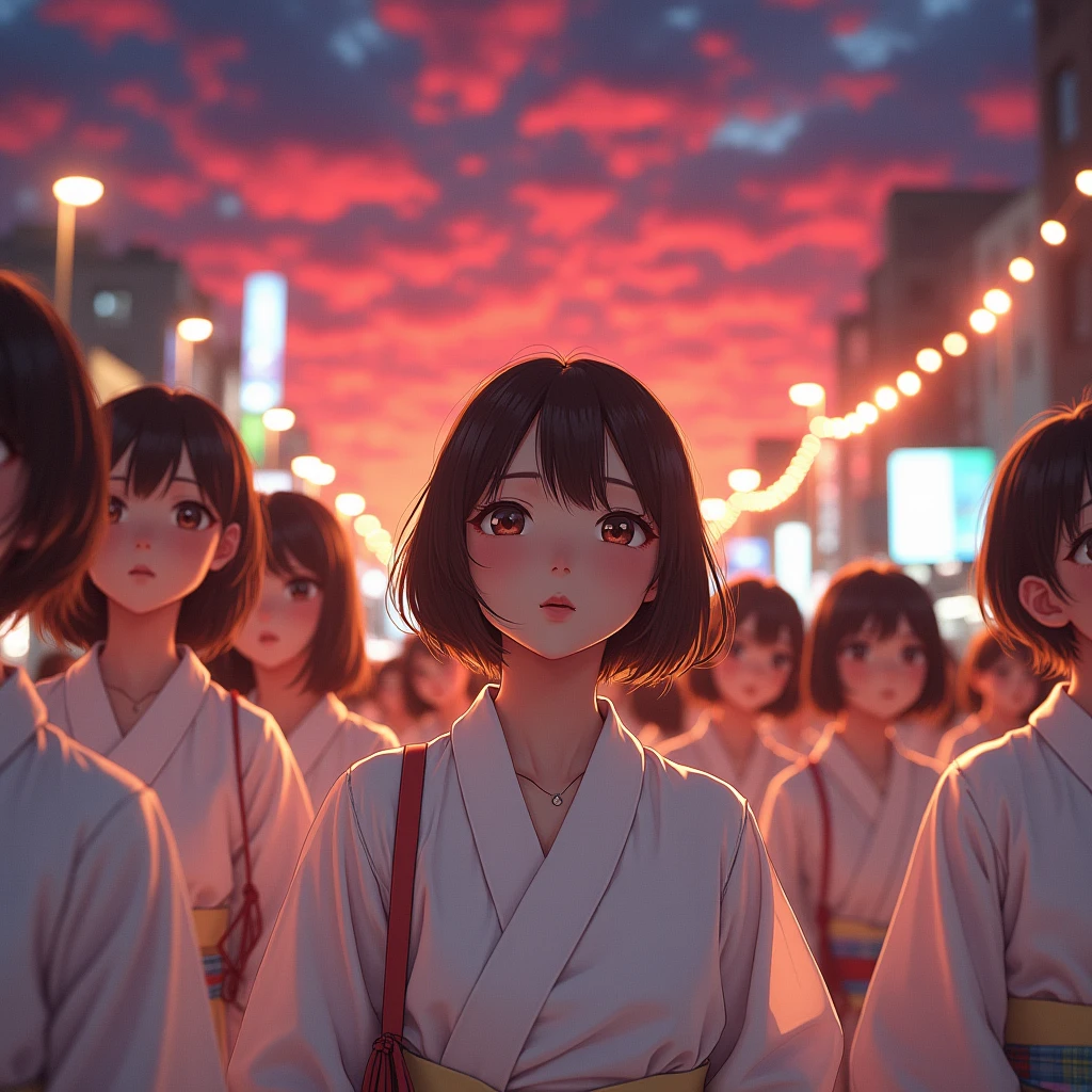 ((bokeH, Acutance:0.85, ultra-detailed:1.35)), (((from below))) . The background is the downtown area at (Twilight:1.4), (((Red-dyed clouds above hed:1.3))), { The Sky takes up more than third of the composition | (many colorful Lights:1.2) | lens flare | Burning | Haze | (luminous Particles) | Mystic sight | God rays | Lightning }, { Underboob | Oiled ivory skin | FullBody:1.2 } . (Masterpiece:1.2) of professional Analog photo with (Hasselblad), (((UltraRealistic and Photorealistic with touch of rawness:1.37))) . ((( A group photo of KAWAII girls in WHITE Fundoshi, at Hakata Gion Ymakasa Festival ))), ((Extremely detailed KAWAII face variations)) . Assfocus with looking ahead .