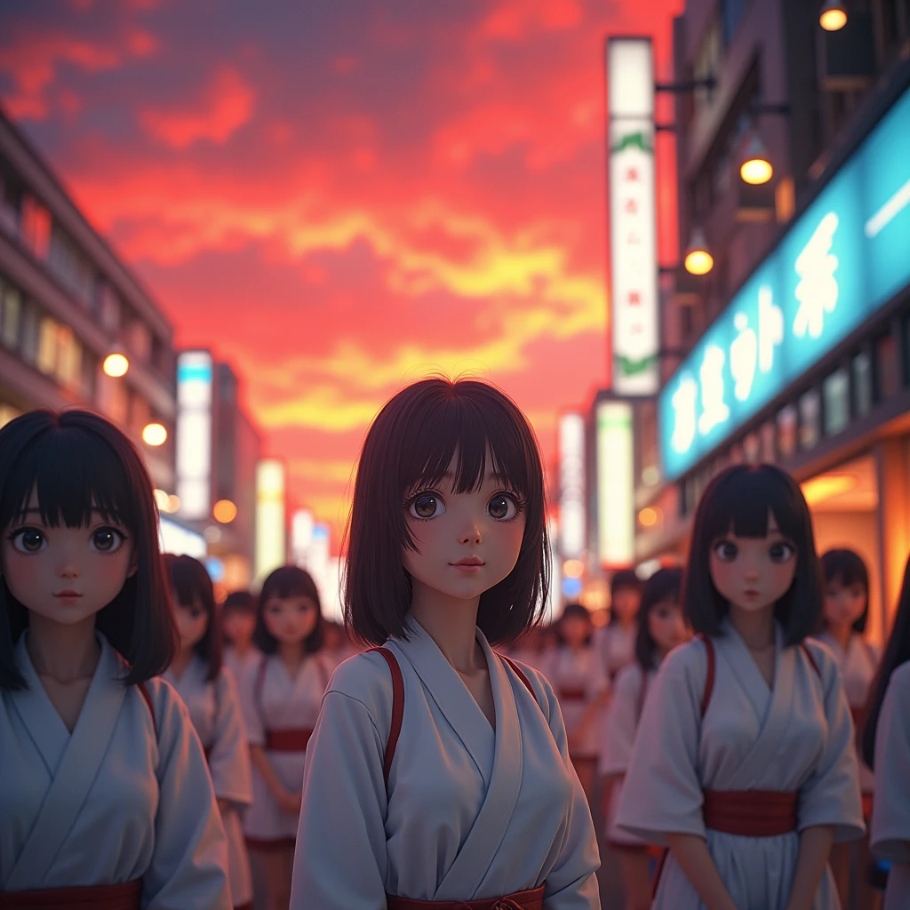 ((bokeH, Acutance:0.85, ultra-detailed:1.35)), (((from below))) . The background is the downtown area at (Twilight:1.4), (((Red-dyed clouds above hed:1.3))), { The Sky takes up more than third of the composition | (many colorful Lights:1.2) | lens flare | Burning | Haze | (luminous Particles) | Mystic sight | God rays | Lightning }, { Underboob | Oiled ivory skin | FullBody:1.2 } . (Masterpiece:1.2) of professional Analog photo with (Hasselblad), (((UltraRealistic and Photorealistic with touch of rawness:1.37))) . ((( A group photo of KAWAII girls in WHITE Fundoshi, at Hakata Gion Ymakasa Festival ))), ((Extremely detailed KAWAII face variations)) . Assfocus with looking ahead .