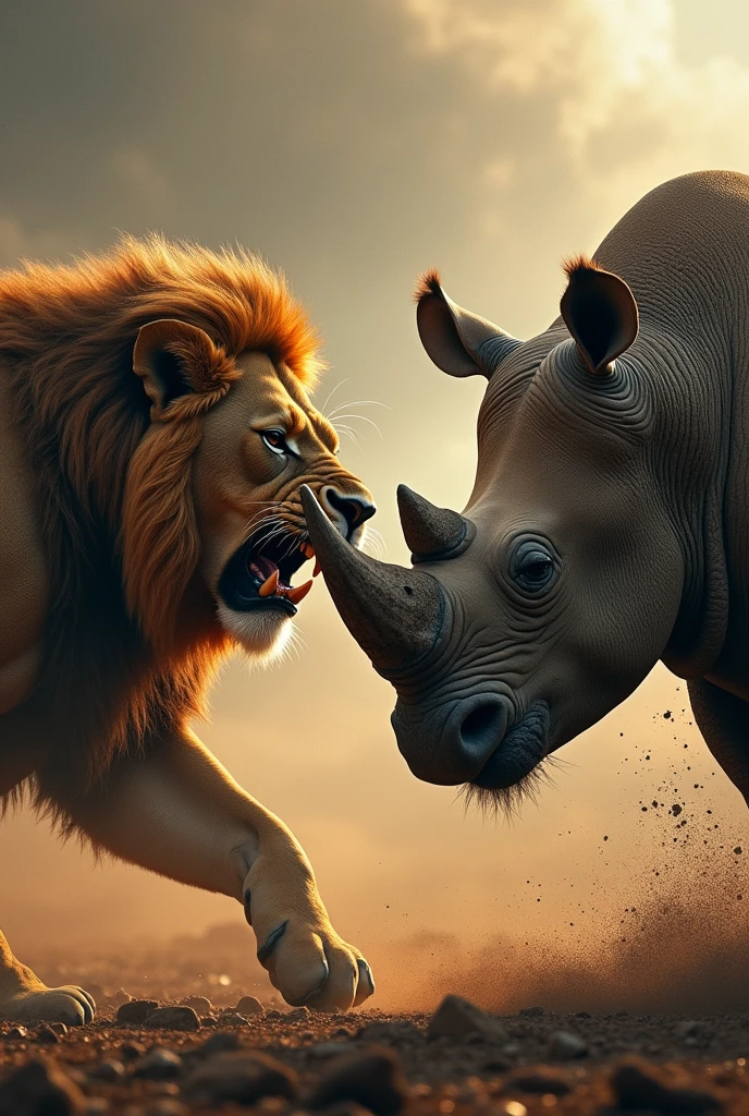Wallpaper with a lion, Stately, fighting with a rhino and biting its neck.