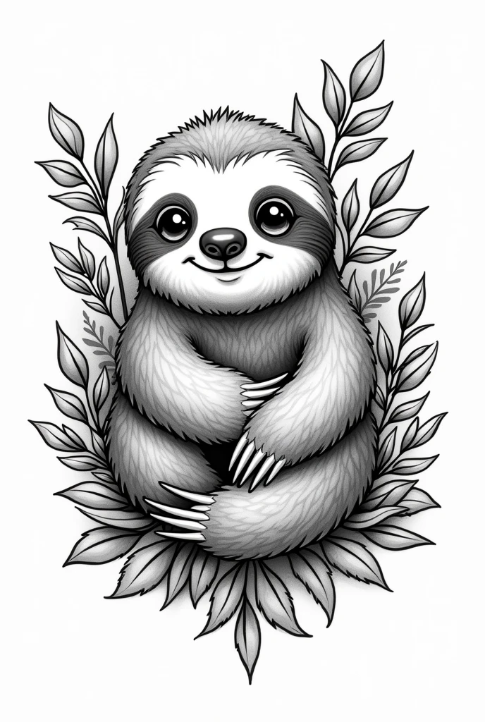 Monochrome Manga style, effortlessly adorable sloth, intricately detailed line work capturing every quirky nuance, flowing fur textures depicted through delicate hatching, large expressive eyes radiating sweetness, nestled comfortably among lush foliage, playful and serene posture conveying tranquility, cleverly designed tattoo composition integrating swirling patterns and stylized leaves around sloth, balanced visual flow guiding the viewer's eye through the design, enchanting essence emanating warmth and charm, slightly exaggerated proportions enhancing cuteness factor, artfully inked in dynamic, high-contrast black and white, evoking a sense of depth and detail, manga-inspired shading techniques giving a soft yet bold appearance, character-driven design merging natural beauty of the sloth with the artistry of manga, delicate balance of light and shadow enhancing form, tranquil forest ambiance suggesting a peaceful retreat, inviting the viewer into a soothing narrative, emblematic of a carefree lifestyle, showcasing how art can be both playful and meaningful within a tattoo context, high-quality ink render achieving crisp outlines and fluid lines, heralding the craftsmanship of tattoo artistry influenced by manga's expressive nature.