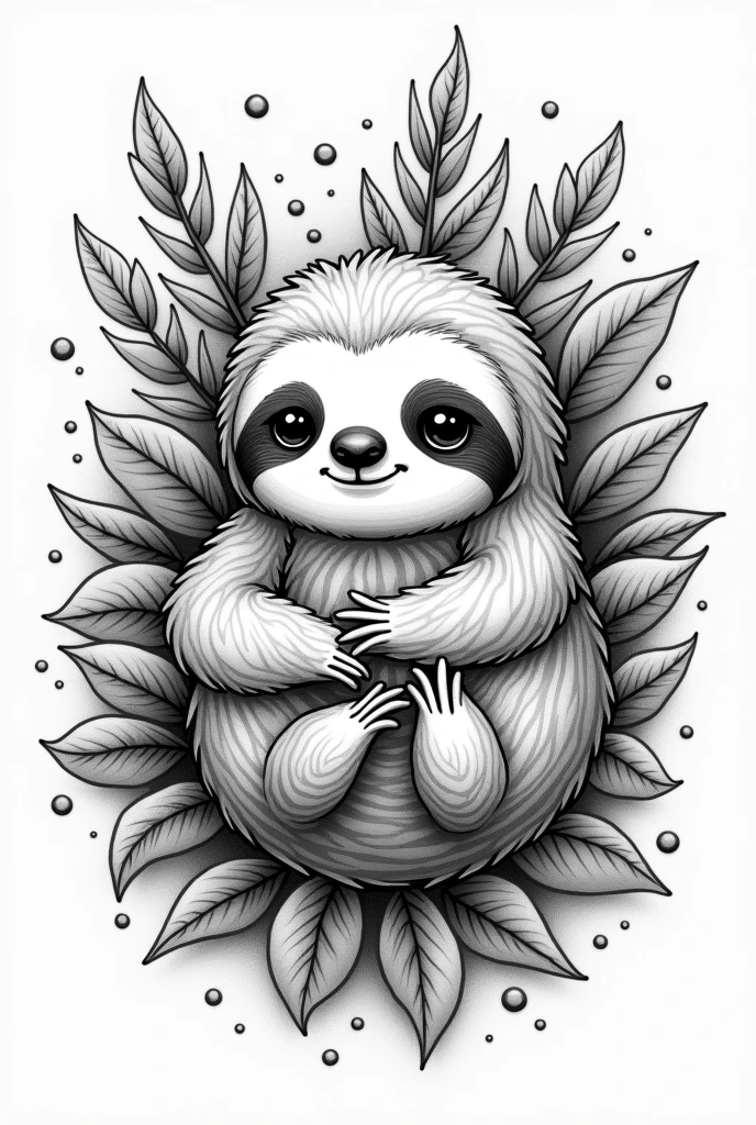 Monochrome Manga style, effortlessly adorable sloth, intricately detailed line work capturing every quirky nuance, flowing fur textures depicted through delicate hatching, large expressive eyes radiating sweetness, nestled comfortably among lush foliage, playful and serene posture conveying tranquility, cleverly designed tattoo composition integrating swirling patterns and stylized leaves around sloth, balanced visual flow guiding the viewer's eye through the design, enchanting essence emanating warmth and charm, slightly exaggerated proportions enhancing cuteness factor, artfully inked in dynamic, high-contrast black and white, evoking a sense of depth and detail, manga-inspired shading techniques giving a soft yet bold appearance, character-driven design merging natural beauty of the sloth with the artistry of manga, delicate balance of light and shadow enhancing form, tranquil forest ambiance suggesting a peaceful retreat, inviting the viewer into a soothing narrative, emblematic of a carefree lifestyle, showcasing how art can be both playful and meaningful within a tattoo context, high-quality ink render achieving crisp outlines and fluid lines, heralding the craftsmanship of tattoo artistry influenced by manga's expressive nature.