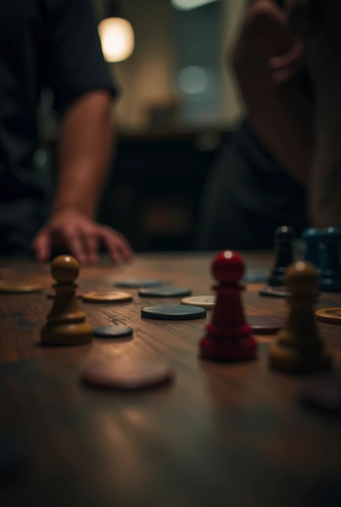 amateur photo of game night, In the Half Light, but in a darker environment, seen in first person. as if it were a photo taken on a cell phone for social media and with part of a discreet male arm in the background 