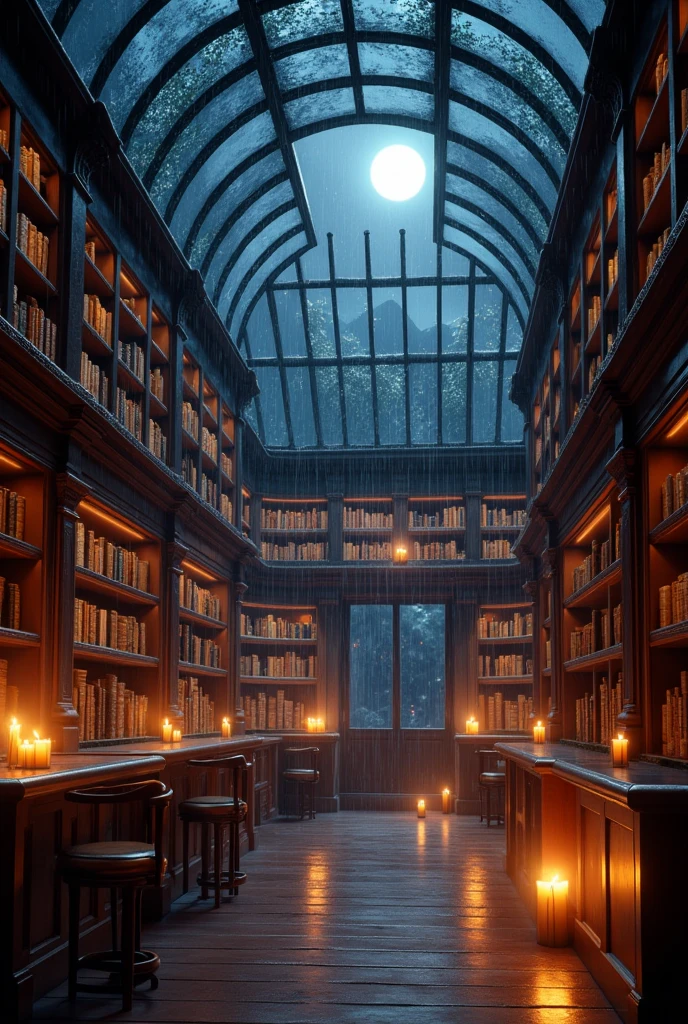 (photorealism:1.2), The space was lined with, bookshelves, their wooden surfaces glowing softly in the candlelight. The dim illumination created an intimate, almost magical atmosphere, casting flickering shadows that danced along the walls.
Above us, the ceiling was made entirely of glass, revealing a breathtaking view of the night sky. Rain softly pattered against the glass, and through the droplets, the moon shone down, casting a silvery light that made the room feel even more enchanting. The gentle glow from the moon combined with the warm candlelight gave the space an almost ethereal quality