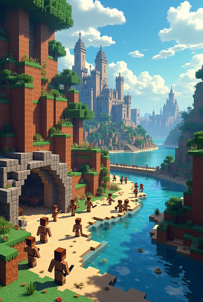 Create a Minecraft-inspired scene that shows the evolution of humanity, from the Stone Age to the future. Start with an area that portrays a primitive setting., with caves, fires and stone tools, moving on to a medieval period with castles, villages and farms. Right away, modern era exhibitions, with cities, skyscrapers, vehicles and technology. Finally, include a futuristic setting, with robots, spacecraft and advanced architecture. Keep Minecraft's signature pixelated block style, with vibrant colors and game-style characters performing activities typical of each era, How to hunt, build, work and explore