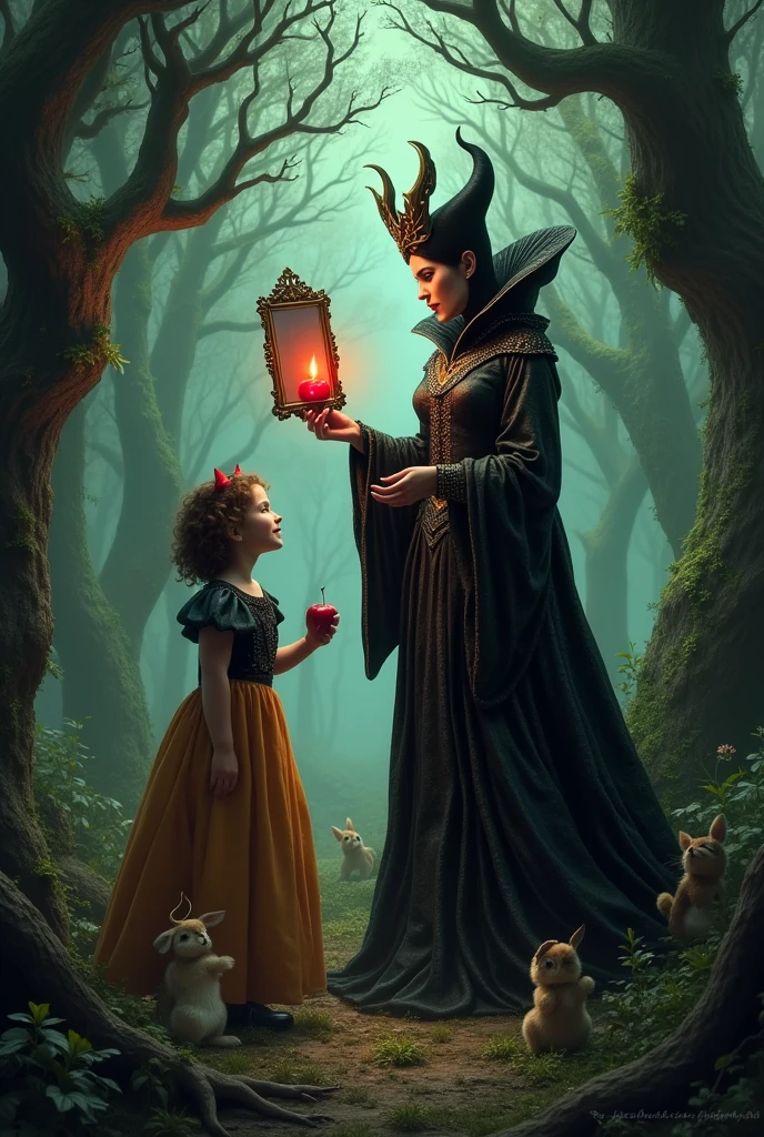Snow White and the Seven Dwarfs, evil queen handing a mirror to snow white in the forest with animals