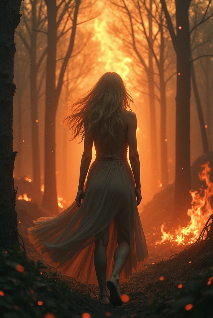 Digital art: blonde woman in a burning florest