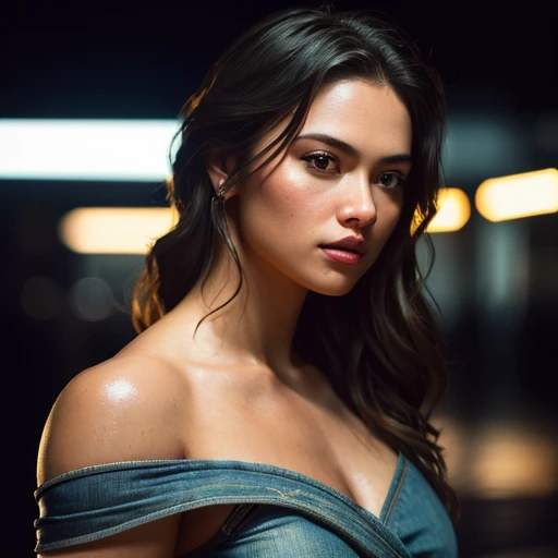 seductive pose of European girl:1.3 , RAW, beautiful woman:1.3 , semi-open strawberry lip, dimples, wistful expression, (brown hair with extra long wavy), ((detailed face)), ((detailed facial features)), (fine detailed skin), pale skin, (off-the-shoulder crop top dress), cyberpunk megacity environment, ( Cool colors), wet, damp, reflective, (masterpiece) (perfect proportions) (realistic photos) (highest quality) (detail) shot with Canon EOS R5, 50mm lens, f/2.8, HDR, (8k) (wallpaper) (cinematic lighting) (dramatic lighting) (sharp focus) (complex), RAW photos, RAW photos, gigachad photos, camera poses, black jeans, Back Arm, 8K UHD, DSLR, High Quality, Grain Film, Fujifilm XT3, Film Stock Photo 4 Kodak Portra 400 Camera F1.6 Lens Rich colors Ultra-realistic textures Dramatic lighting Unreal Engine Art Station Trends Cinestill 800 tungsten, toughboy style, ultra focus face, short messy hair, Muscles, bursting veins, beads