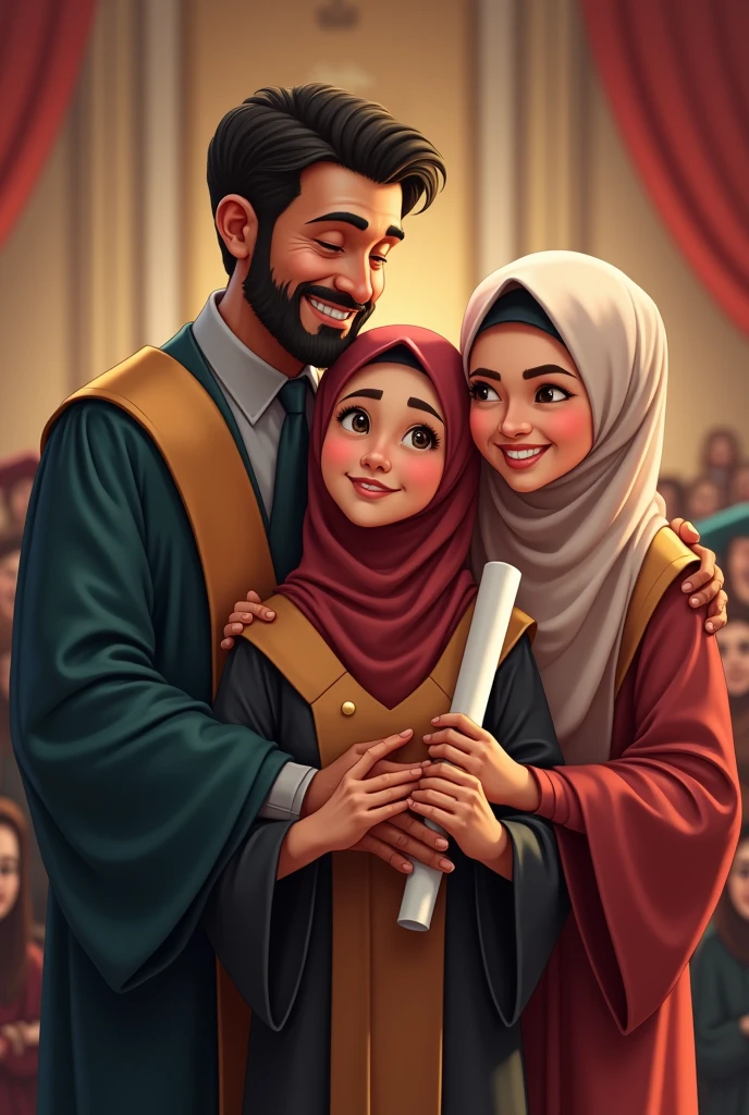 happy family with father and daughter wearing hijab graduating and with her mother wearing hijab