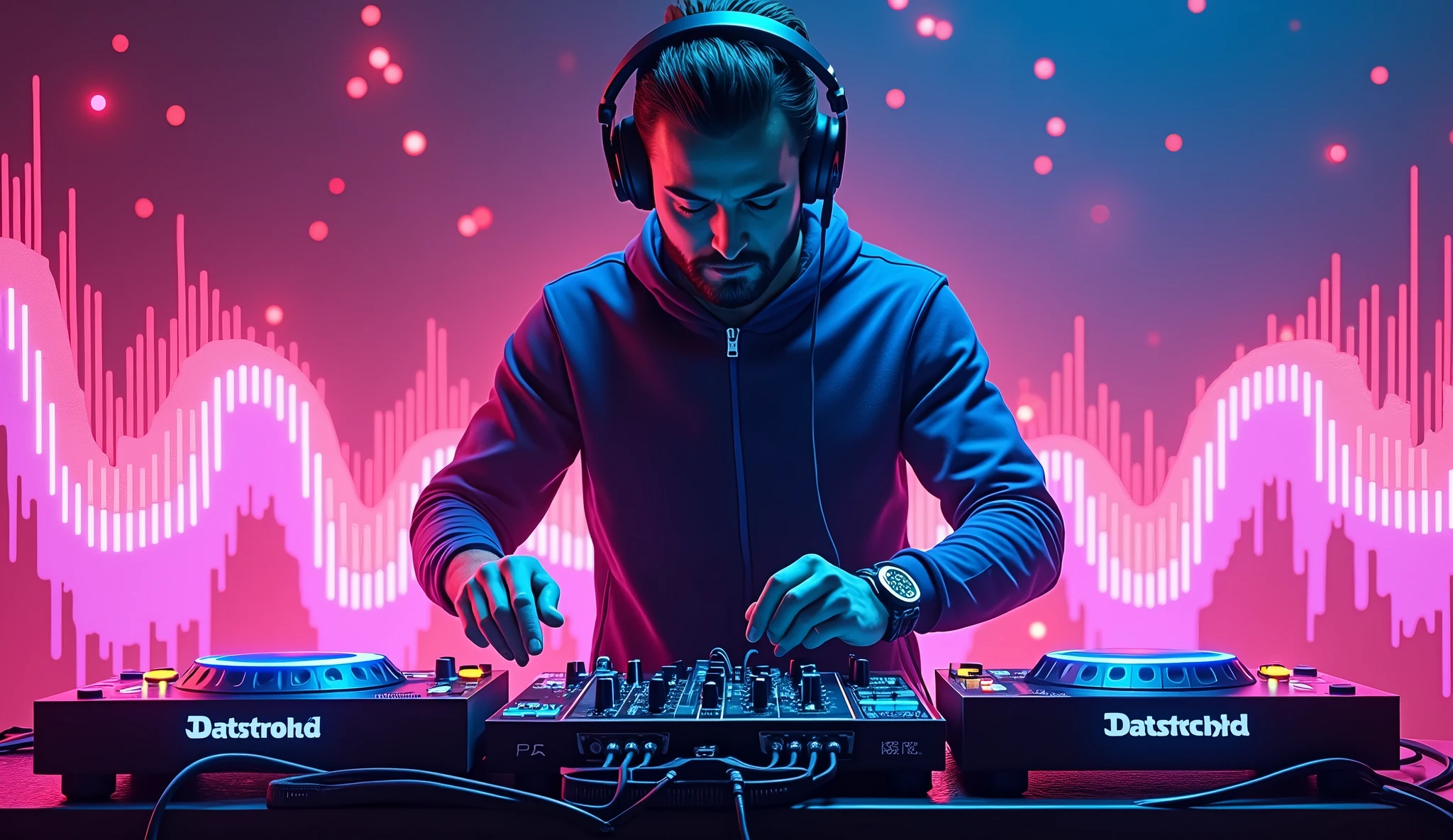 an electronic music DJ, in the background neon sound waves