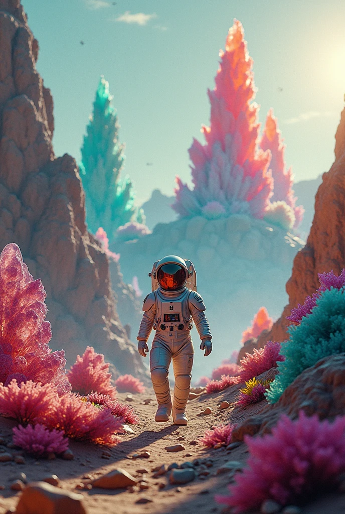 Please help me create a photo of an astronaut exploring the planet，there are many gems
