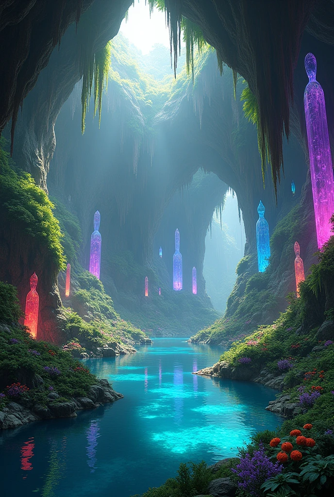 A huge underground cavern with walls covered in crystals of all colors, a pond reflects the glow of crystals. Lush vegetation invades the cavern, the ceiling lets a few rays of sunlight shine through which illuminate the crystals.