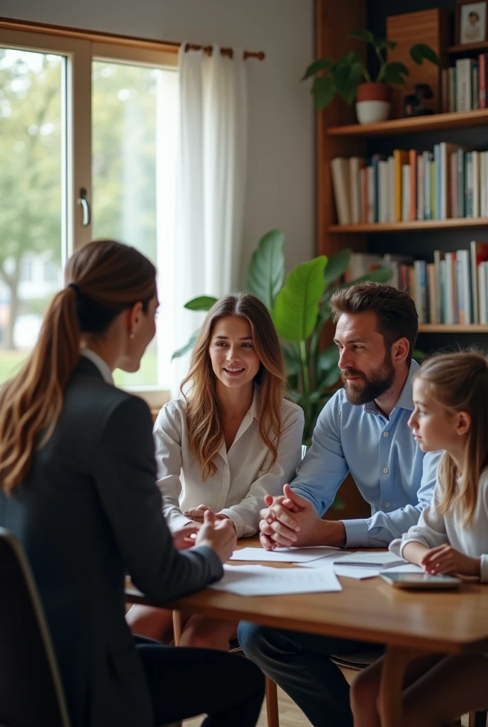 Photograph of a psychologist assessing a family of 4