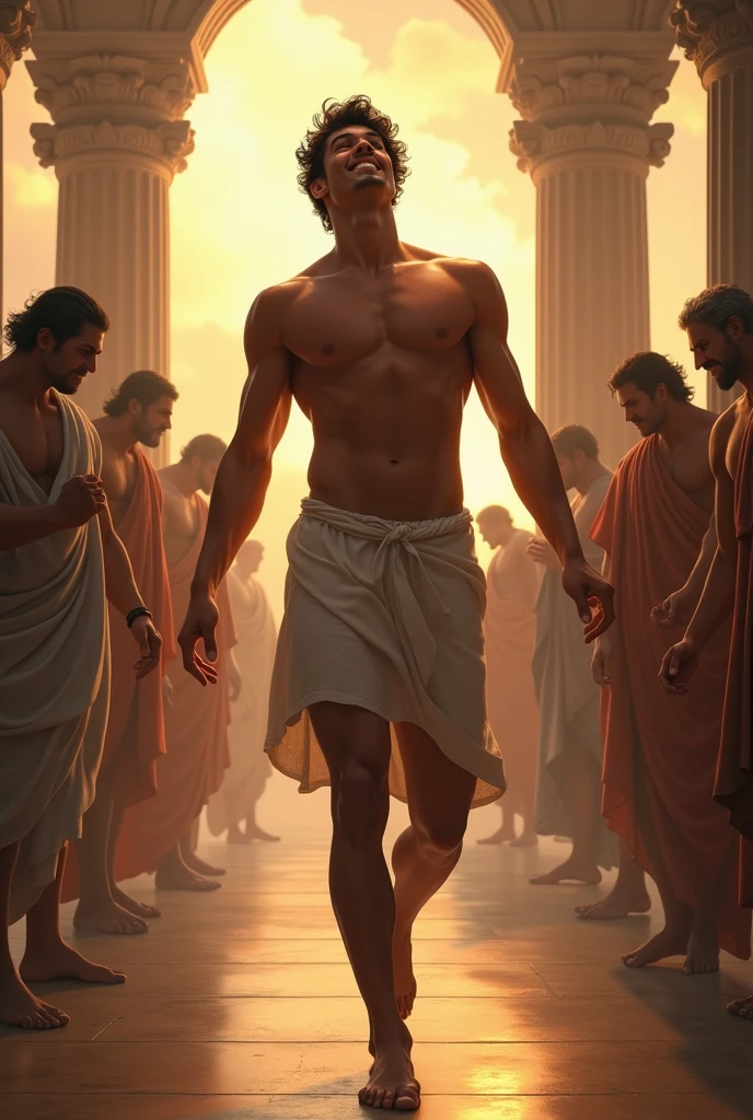 In John Singleton Copley art style, AMBIENT LIGHT, fullbody, fullbody view:, Becoming the subject view, fullbody, 2 point perspective, the young man is tall, ripped fitness body, latino, having fun with all the gods of olimpus in olimpus, detailed face, detailed muscles, wavy short black hair, fullbody, young man, the young man is shirtless, barefoot, detailed foot, wearing the expresion of the young man is full of joy and hopefulness expresion, e, 8K resolution, HD