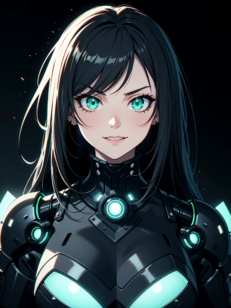 anime-style close-up portrait, intense expression, glowing dual-colored eyes, red and green eyes, intricate details, sharp lines, futuristic outfit, dark shadows, vibrant colors, light flares, dynamic lighting, high contrast, cyberpunk vibes, spiky hair, menacing smile, glowing neon elements, cinematic look, dark background, halftone shading effect
