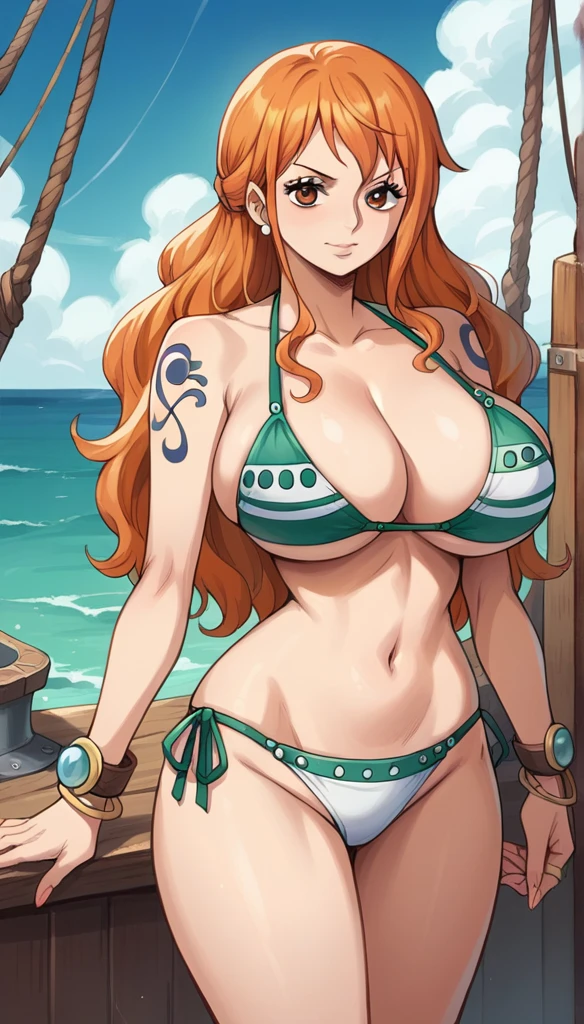 best quality, source_anime, 1girl, Nami, orange hair, huge breasts, standing, sea, pirate ship, from front, bikini armour, looking at viewer, navel,