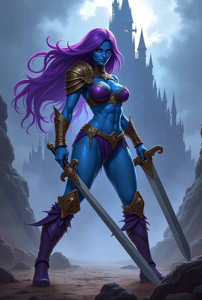 a female warrior with blue skin and purple hair. wearing purple bikini armor with an armored collar and shoulder pads, embellished with gold trim in a low fantasy setting. She has narrow lavender colored eyes. Her figure is strong and curvy, with wide hips and large breasts. Show her standing on a battle field, serious expression, feet wide spread, solid fighting stance, holding a sword. use a dramatic comic book style richly detailed inspired by masters of the universe. castle greysku;l looms in the background. use a dramatic digital art style with dramatic shadows and lighting. moody lighting