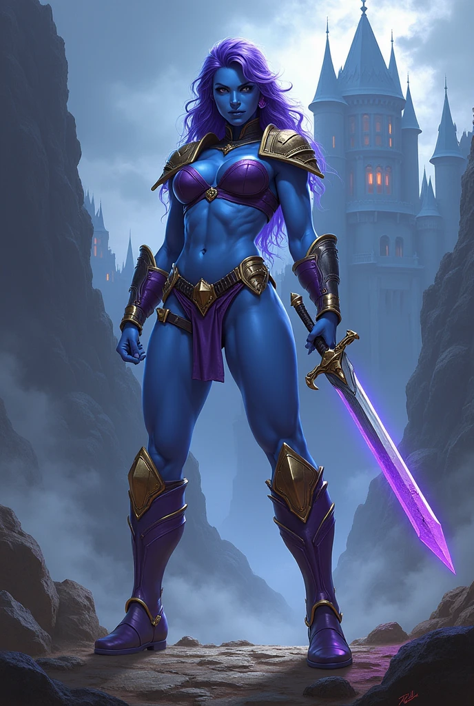 a female warrior with blue skin and purple hair. wearing purple bikini armor with an armored collar and shoulder pads, embellished with gold trim in a low fantasy setting. She has narrow lavender colored eyes. Her figure is strong and curvy, with wide hips and large breasts. Show her standing on a battle field, serious expression, feet wide spread, solid fighting stance, holding a sword. use a dramatic comic book style richly detailed inspired by masters of the universe. castle greysku;l looms in the background. use a dramatic digital art style with dramatic shadows and lighting. moody lighting