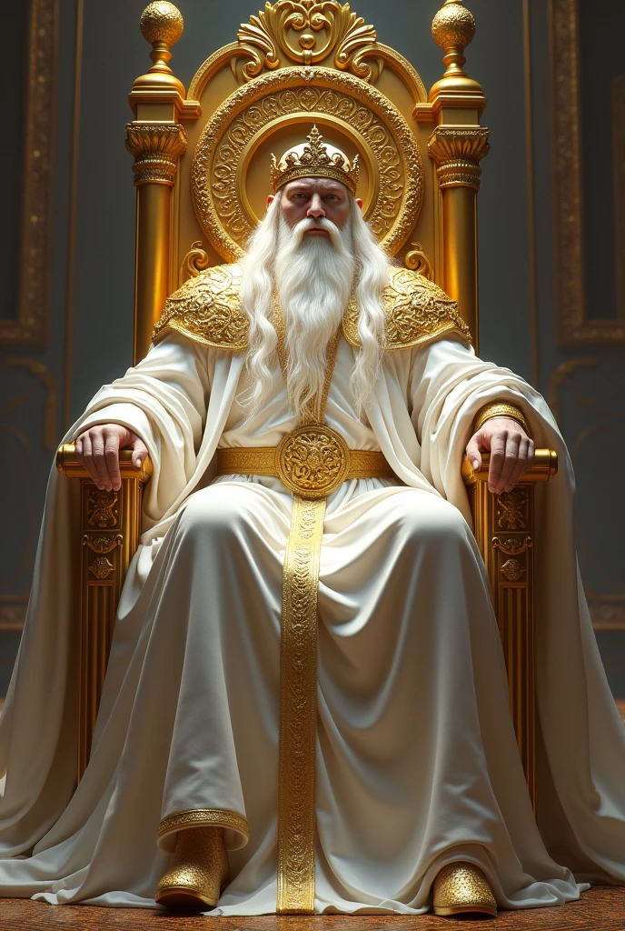 a great king sitting and leaning on a great and exalted throne all of gold. This king has a big white beard, very long white hair, white skin and a medium golden crown on his head. This being has white clothes, a golden belt and shoulder armor. this king is powerful and majestic.