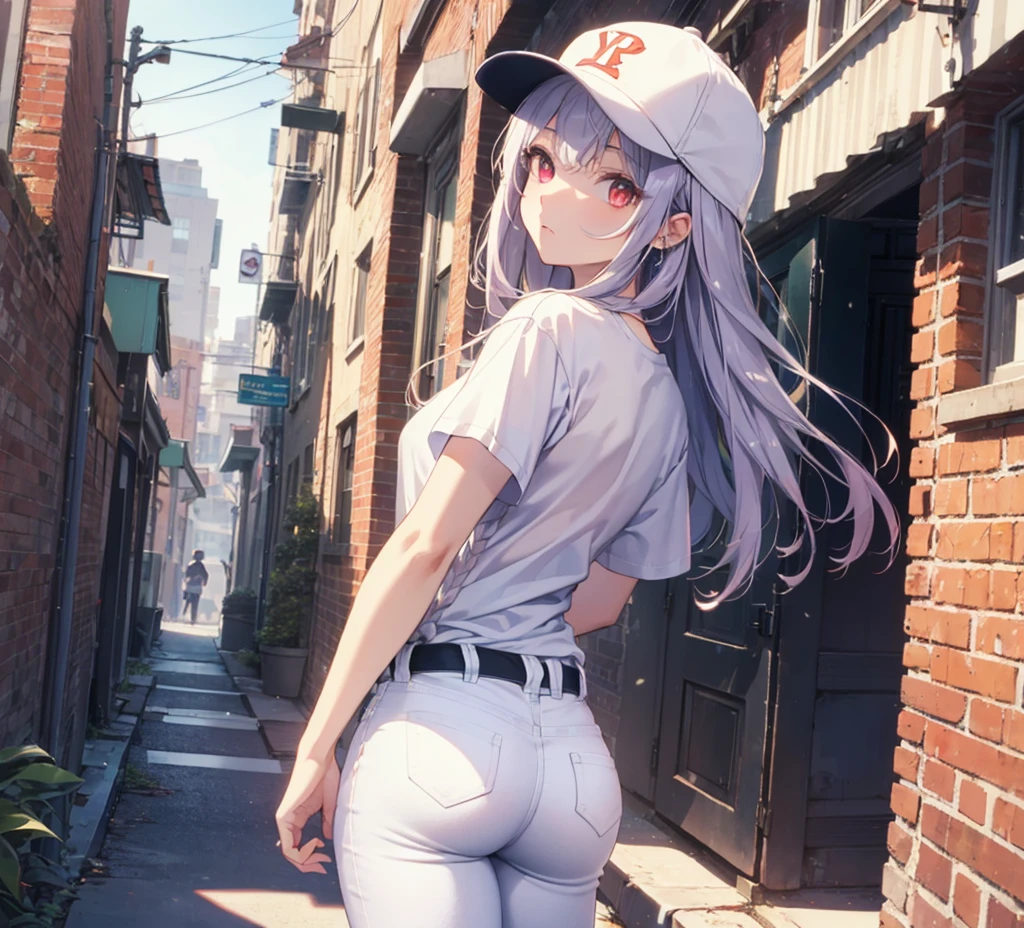 (Close-up:1.3),Realistic,Highest quality, Super detailed, High-quality CG rendering, The most delicate and beautiful, Floating softly, High resolution, (1 person), (Highest quality,4K,8k,masterpiece:1.2), Light purple hair,(Long Hair:1.5),Red eyes,(Pure white oversized short sleeve T-shirt:1.3),(Pure white skinny jeans:1.3),(Pure white baseball cap:1.3),In the city,old buildings,Narrow back alley,(front:1.3),(Are standing:1.3)
