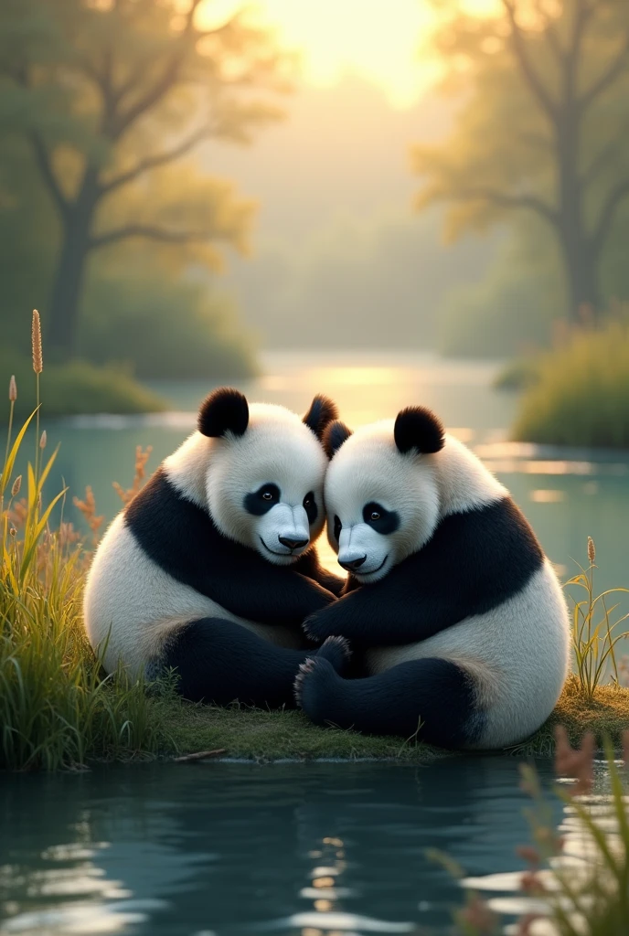 A pair of panda bears lying together on the banks of a crystal-clear river at dawn