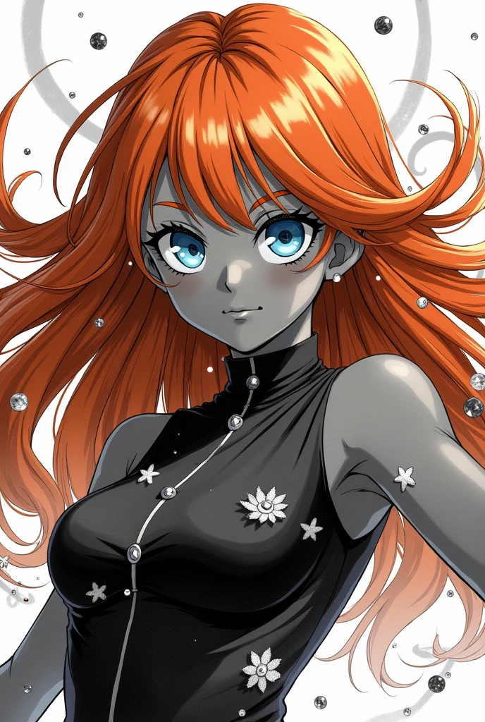 Monochrome manga art style, enchanting character from anime Fairy Tail, stunning woman with rich black skin, vibrant orange hair flowing gracefully with defined bangs, mesmerizing blue eyes radiating energy, positioned dynamically against a minimalistic background, intricate linework detailing features and textures, contrasting shadows creating depth and dimensionality, graceful posture exuding confidence and magical essence, whimsical magical motifs subtly integrated around character, delicate cross-hatching for shading, refined stippling techniques enhancing skin tones, dramatic play of light and shadow emphasizing contours, captivating eye composition drawing attention, framed elegantly with expressive manga-style action lines and sound effects, high-contrast monochrome rendering showcasing character's unique beauty, focusing on delicate details of her flowing hair, soft gradients transitioning between black and white, artistic flourishes capturing movement and energy within the scene, inviting viewers to explore the rich narrative suggesting magic and adventure in every line