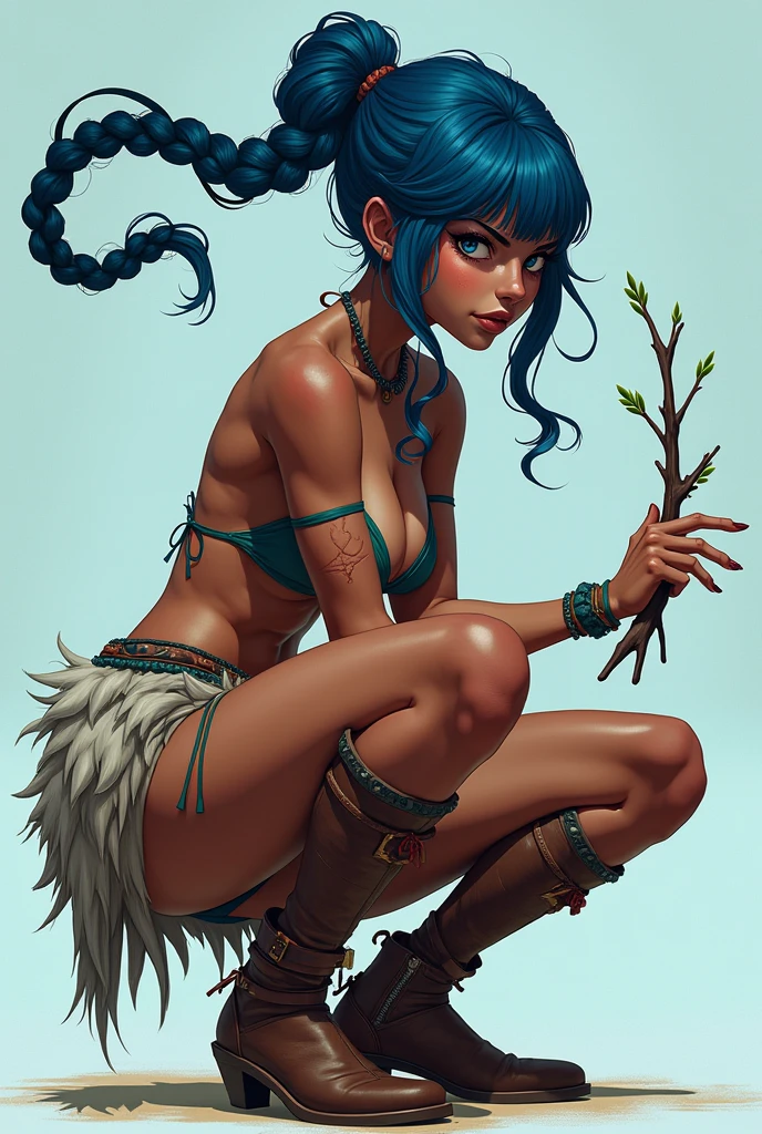 Woman with dark skin and blue hair. anime style, animated style, Digital art, masterpiece, Best Quality, Super rendering, Super realistic, high detail face, Clean and delicate face, whole body, Crouching and brandishing a magical branch., Grasp the branch anatomically correctly, Single braided blue ponytail, split bangs, Forehead, tribal clothing and a pleated fur miniskirt., naked ass, open legs, scars. Brown short boots, looking at the viewer, simple color background. Scar on his face.