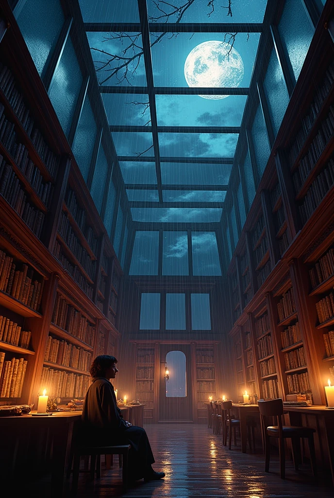 (photorealism:1.2), The small space was lined with, bookshelves, their wooden surfaces glowing softly in the candlelight. The dim illumination created an intimate, almost magical atmosphere, casting flickering shadows that danced along the walls.

Above us, the ceiling was made entirely of glass, revealing a breathtaking view of the night sky. Rain softly pattered against the glass, and through the droplets, the moon shone down, casting a silvery light that made the room feel even more enchanting. The gentle glow from the moon combined with the warm candlelight gave the space an almost ethereal quality