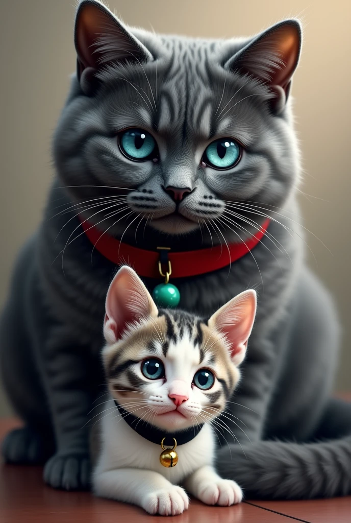 Adult male cat of dark gray color with blue eyes and a red collar with a green bell pendant. Along with a smaller white and gray cat with a black collar. 