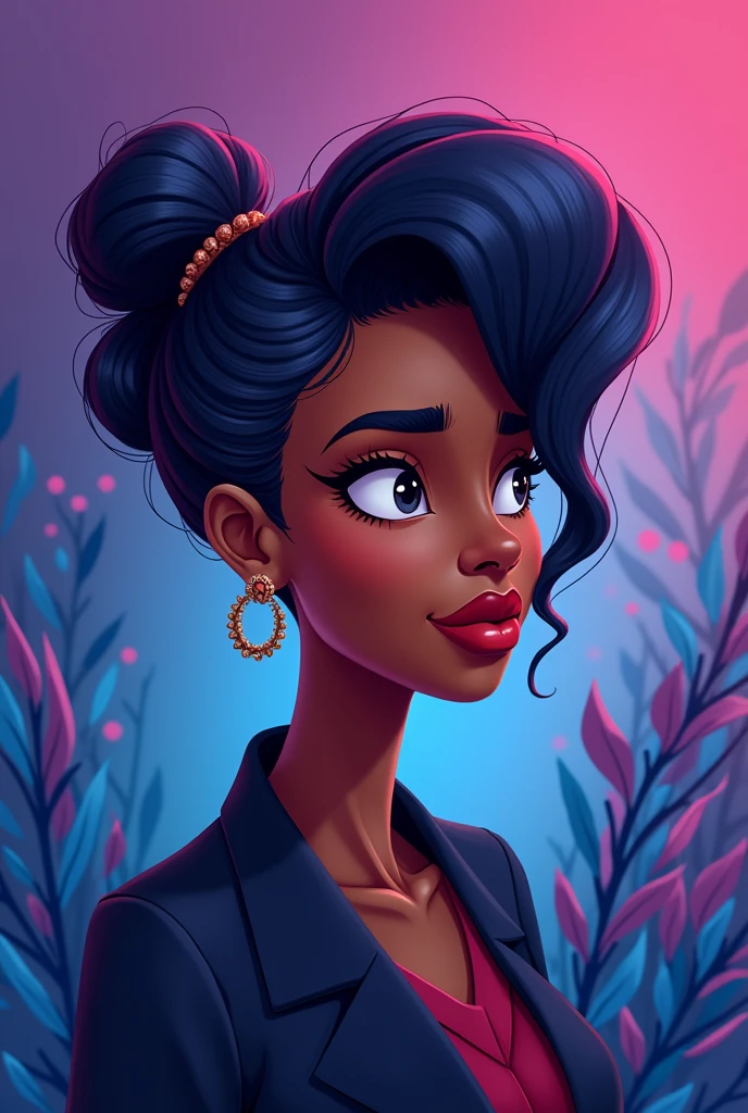 Animation ok, character is a black woman, highlighted hair, psychologist and with purple and blue background.