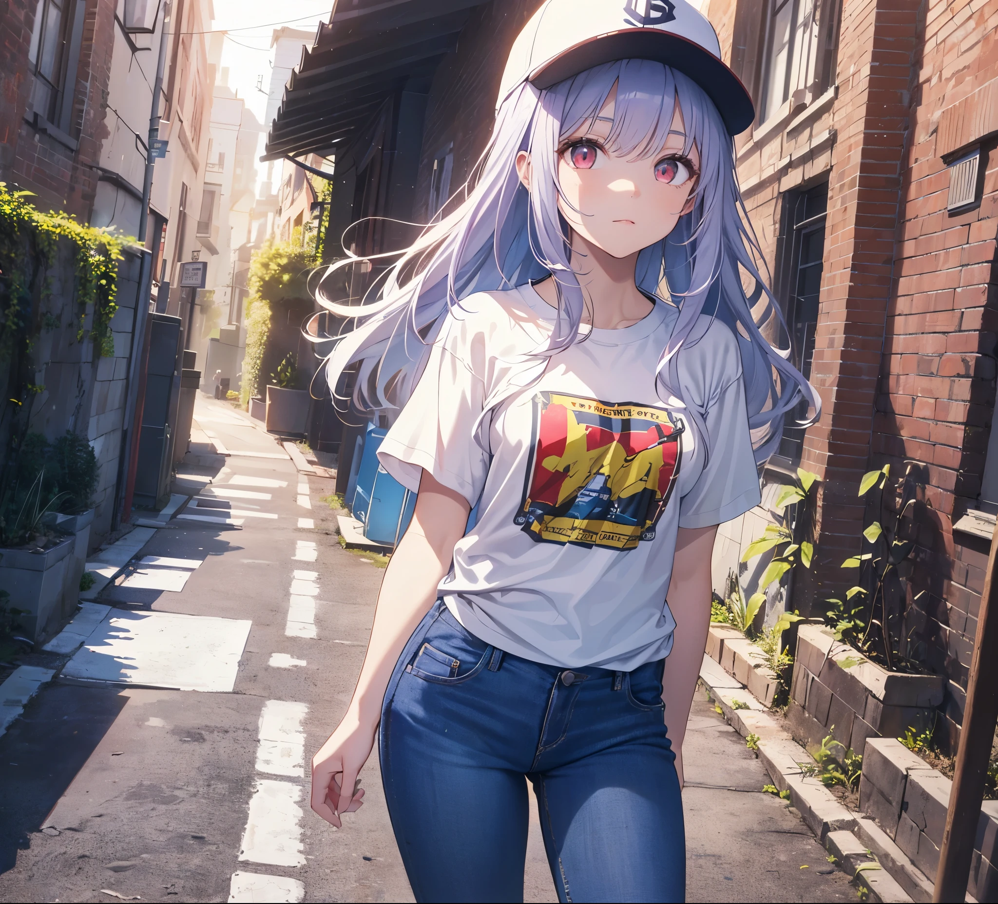 (Close-up:1.3),Realistic,Highest quality, Super detailed, High-quality CG rendering, The most delicate and beautiful, Floating softly, High resolution, (1 person), (Highest quality,4K,8k,masterpiece:1.2), Light purple hair,(Long Hair:1.5),Red eyes,(Pure white oversized short sleeve T-shirt:1.3),(Pure white skinny jeans:1.3),(Pure white baseball cap:1.3),In the city,old buildings,Narrow back alley,(front:1.3),(Are standing:1.3)
