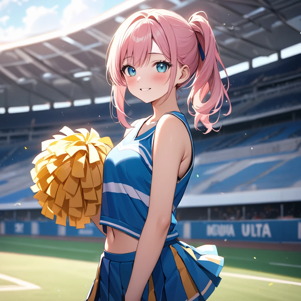 (8K, best quality, master piece: 1.2),ultra-high resolution,1 girl,yo,solo,ultra-detailed face,detailed eyes,cyan eyes,one side up,pink hair,standing, looking at viewer, cowboy shot,sleeveless,navel,(school stcheerleader:1.2),blush,smile,(depth of field:1.3),Stadium