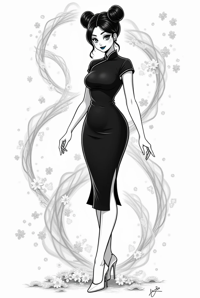 Monochrome manga-style illustration, Sailor Mercury reimagined in a sleek black qipao, traditional garment elegantly hugging her figure, accentuating graceful curves, twin buns hairstyle meticulously styled, each twist and loop rendered in fine detail, light red eyeshadow accentuating her captivating gaze, dark blue lipstick adding a bold contrast against her fair complexion, poised upon delicate white heeled shoes, set amidst a minimalist backdrop with swirling abstract patterns suggesting movement, centered composition highlighting her stature, dynamic pose conveying confidence and flair, intricate line art showcasing the folds and textures of the fabric, ethereal atmosphere with soft shadows enhancing depth, seamless integration of manga stylistic elements, high-contrast black and white palette emphasizing sharpness and clarity, delicate hatching and cross-hatching techniques for textural richness, captivating expression with sparkling eyes, embodying the spirit of modern elegance blended with whimsical charm
