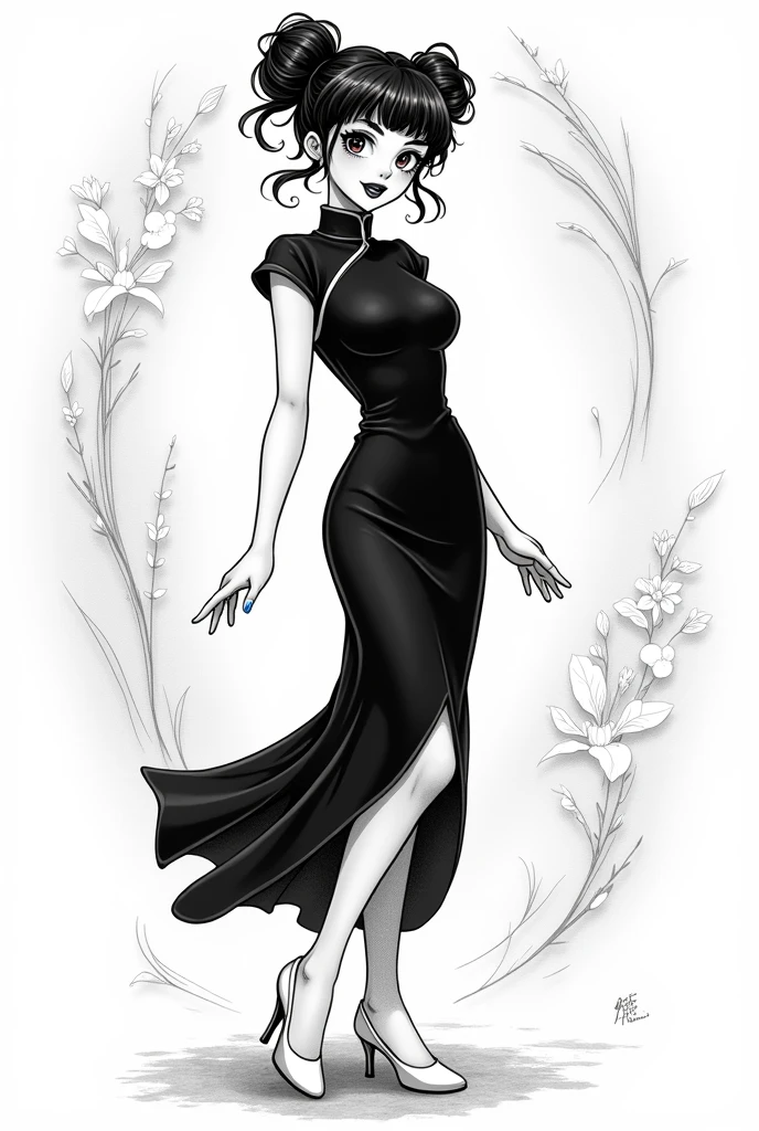 Monochrome manga-style illustration, Sailor Mercury reimagined in a sleek black qipao, traditional garment elegantly hugging her figure, accentuating graceful curves, twin buns hairstyle meticulously styled, each twist and loop rendered in fine detail, light red eyeshadow accentuating her captivating gaze, dark blue lipstick adding a bold contrast against her fair complexion, poised upon delicate white heeled shoes, set amidst a minimalist backdrop with swirling abstract patterns suggesting movement, centered composition highlighting her stature, dynamic pose conveying confidence and flair, intricate line art showcasing the folds and textures of the fabric, ethereal atmosphere with soft shadows enhancing depth, seamless integration of manga stylistic elements, high-contrast black and white palette emphasizing sharpness and clarity, delicate hatching and cross-hatching techniques for textural richness, captivating expression with sparkling eyes, embodying the spirit of modern elegance blended with whimsical charm