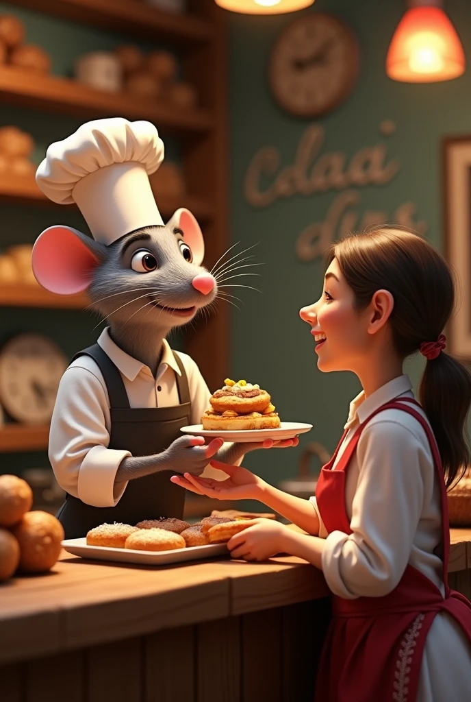 A chef rat inspired by "Ratatouille", wearing a small white chef's hat and an apron, is in a charming Portuguese bakery. He stands behind a wooden counter, handing a freshly baked pastel de Belém to a smiling Portuguese customer dressed in typical attire. The rat is expressing gratitude for the purchase with a friendly gesture, such as a nod or a small wave. The counter is filled with other treats like cream-filled Berliners and crispy croquettes. In the background, shelves display more traditional Portuguese sweets and snacks like rissóis and queijadas. The bakery’s decor is rustic, featuring Portuguese tiles on the walls and a cozy atmosphere typical of a neighborhood bakery in Lisbon.